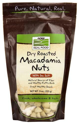 NOW Real Food Dry Roasted and Salted Macadamia Nuts are a natural source of fiber and healthy fatty acids that make a great snack, fresh, wholesome and tasty.