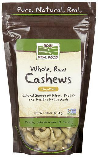 NOW Real Food Whole, Raw, Unsalted Cashews are a natural source of fiber, protein and healthy fatty acids. Fresh, wholesome & tasty.