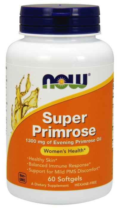 NOW Super Primrose has 1300mg of Evening Primrose Oil supporting women's health, healthy skin, balanced immune response and mild PMS discomfort.*