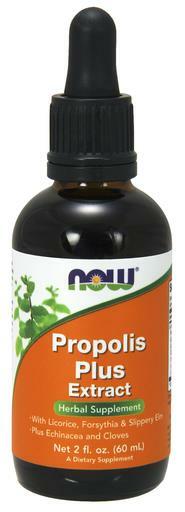 NOW Propolis Plus Extract Vegetarian Liquid dietary supplement with licorice, forsythia and slippery elm plus echinacea and cloves.
