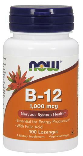 NOW 1,000 mcg Vitamin B12 lozenges with folic acid promotes a healthy nervous system and is essential for energy production.