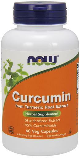NOW Curcumin herbal supplement is a standardized extract from turmeric root, 95% curcuminoids, a vegetarian and vegan dietary supplement