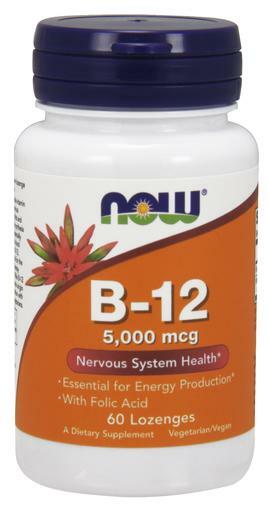 NOW Foods Vitamin B12 lozenge contains folic acid, promotes nervous system health and is essential for energy production.