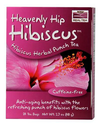 NOW Real Tea Heavenly Hip Hibiscus Herbal Punch Tea. Caffeine-free anti-aging benefits with the refreshing punch of hibiscus flowers.