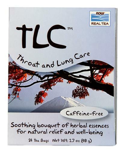 NOW Real Tea TLC Throat and Lung Care, caffeine-free, soothing bouquet of herbal essences for natural relief and well-being.