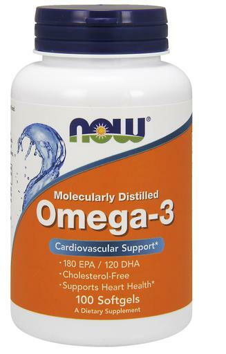 NOW Molecularly Distilled Omega-3 softgels for cardiovascular support. Cholesterol free, supports heart-health.