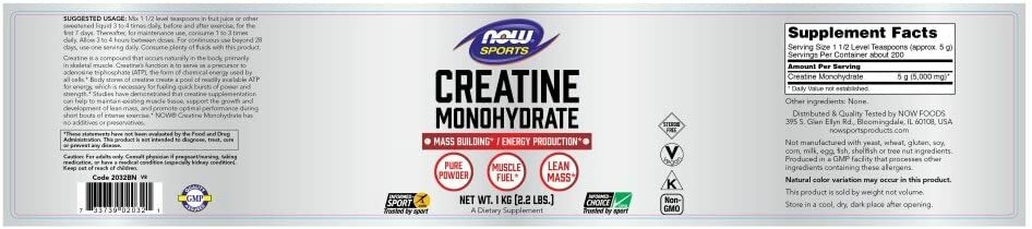 NOW Sports Nutrition, Creatine Monohydrate Powder, 2.2-Pound