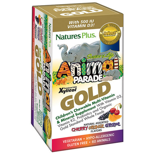 with Vitamin D3, Vitamin K2, Probiotics and Organic Gold Standard Whole Foods Animal Parade® GOLD Multi Children's Chewable takes this best-selling multi-vitamin and mineral formula to the next level! The award-winning taste continues in an irresistibly delicious sugar-free formula, bursting with natural cherry, orange and grape flavors! Each serving of these fun, animal-shaped chewables is now packed with 500 IU of vitamin D3, more trace minerals, enzymes, probiotics, and an extensive assortment of organic