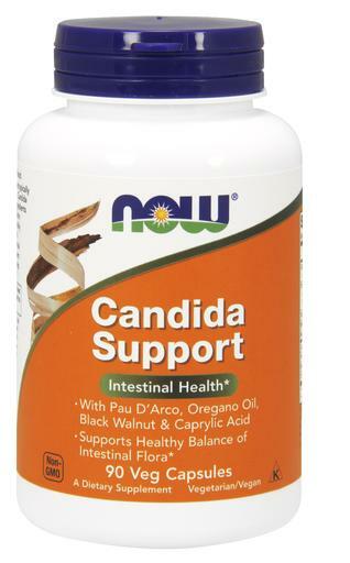 NOW Candida Support veg capsules with Pau D'Arco, Oregano Oil, Black Walnut and Caprylic Acid supports a healthy balance of intestinal flora*.