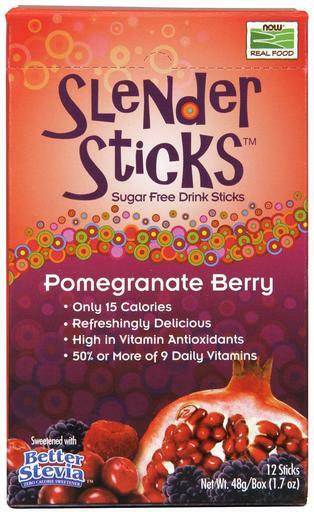 NOW Real Food Pomegranate Berry Slender Sticks are sugar free, only 15 calories, refreshingly delicious, high in vitamin antioxidants and has 50% of more of 9 daily vitamins. Made with Better Stevia.