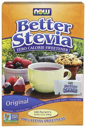 NOW Better Stevia Extract Packets contain zero calorie, non-GMO, gluten-free, sugar free natural sweetener.