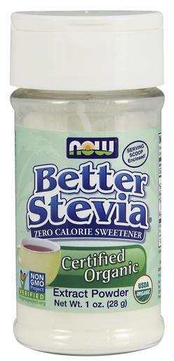 NOW Better Stevia Extract Powder is a zero calorie, organic, non-GMO sweetener.