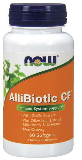 NOW AlliBiotic CF is a non-drowsy immune support* supplement with garlic and olive leaf extract, elderberry and oregano.