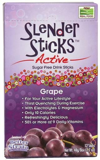 NOW Real Food Grape Slender Sticks Active contains 10 super fruits, 50% or more of 9 daily vitamins, natural sweeteners and only 10 calories.