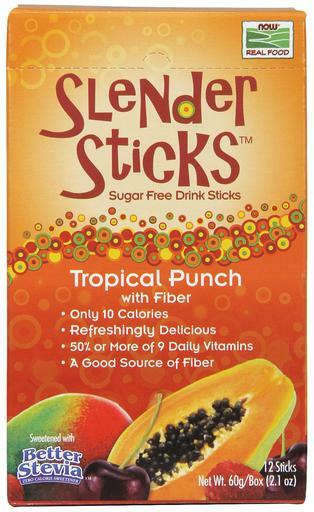 NOW Real Food Tropical Punch Slender Sticks are sugar free, only 15 calories, refreshingly delicious, high in vitamin antioxidants and has 50% of more of 9 daily vitamins. Made with Better Stevia.