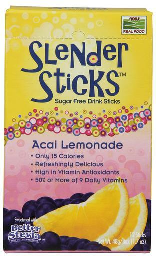 NOW Real Food Acai Lemonade Slender Sticks are sugar free, only 15 calories, refreshingly delicious, high in vitamin antioxidants and has 50% of more of 9 daily vitamins.