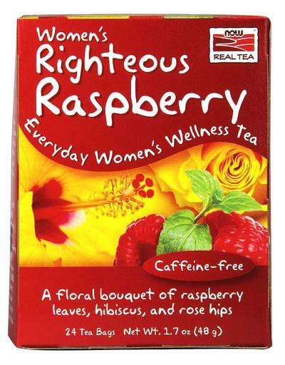 NOW Real Tea Women's Righteous Raspberry Everyday Women's Wellness Caffeine-free Tea. A floral bouquet of raspberry leaves, hibiscus, and rose hips.