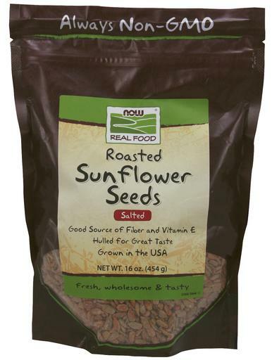 NOW Real Food Roasted, Salted Sunflower Seeds are a good source of fiber and Vitamin E.